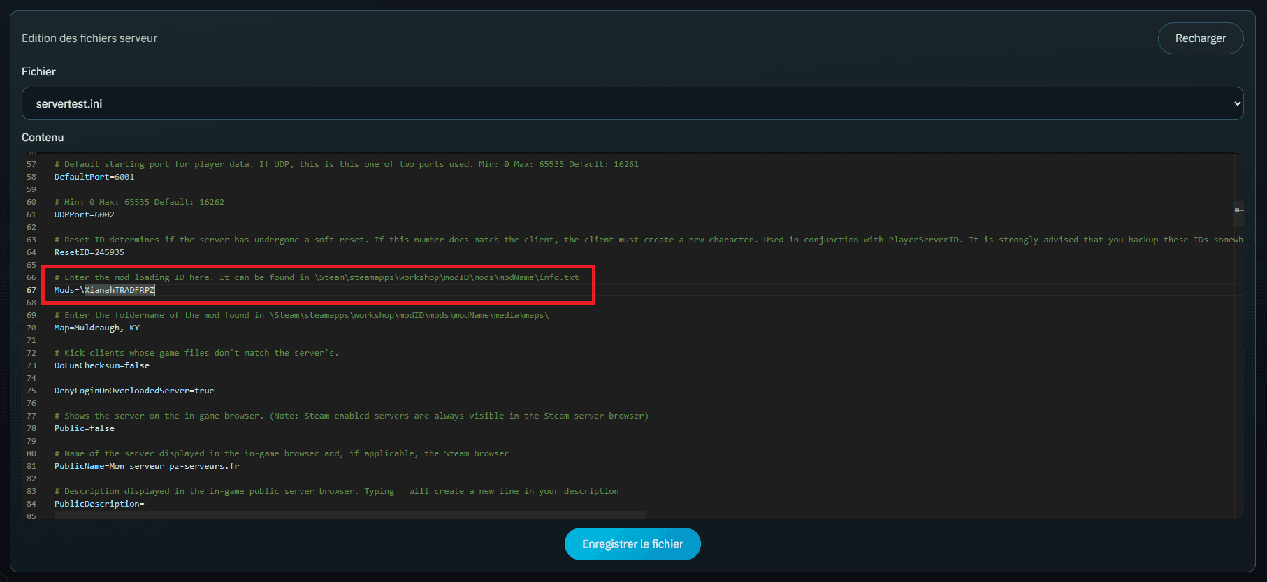 Exemple d'ajout d'un Mod ID dans la configuration du serveur