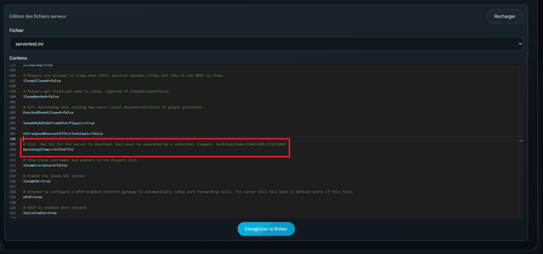 Exemple d'ajout d'un Workshop ID dans la configuration du serveur